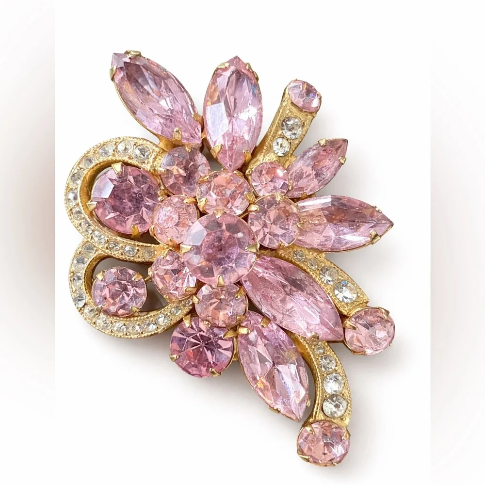 Signed Eisenberg Ice Pink Rhinestone Floral Swirl Brooch Vintage Glam